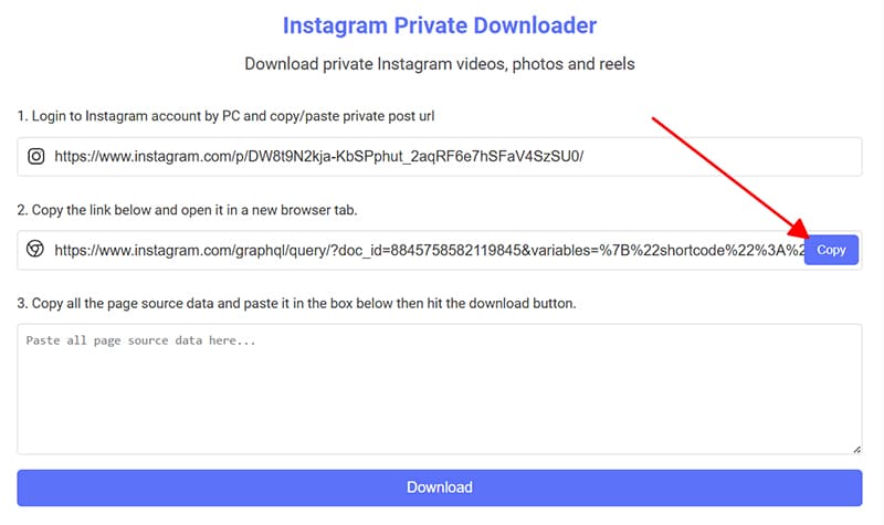Copy the newly generated link by ig downloader