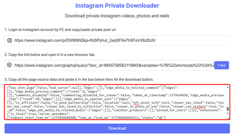 Paste all the source code into ig downloader